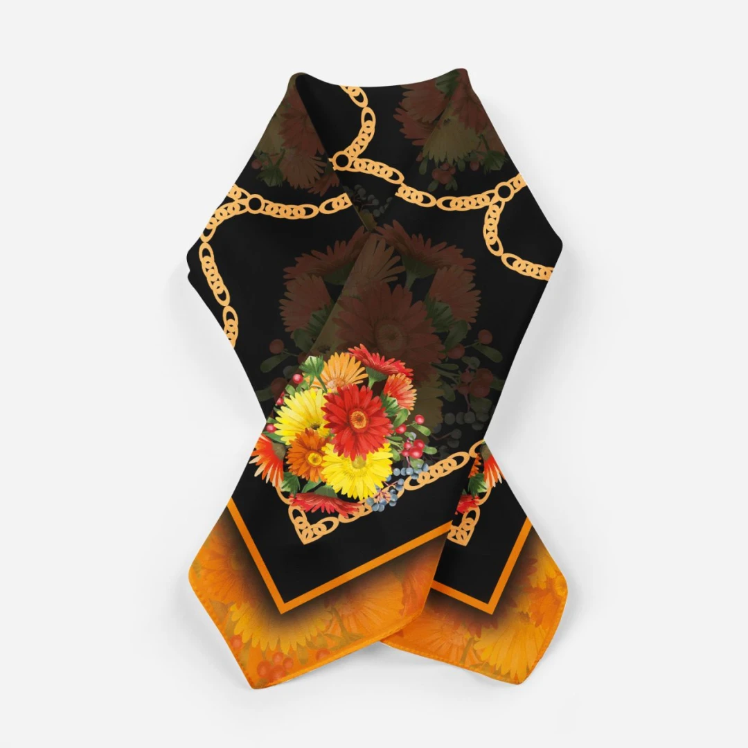 دانلود طرح روسری مشکی آماده چاپ دیجیتال گلدار با حاشیه ی نارنجی و بک گروند زنجیری 1