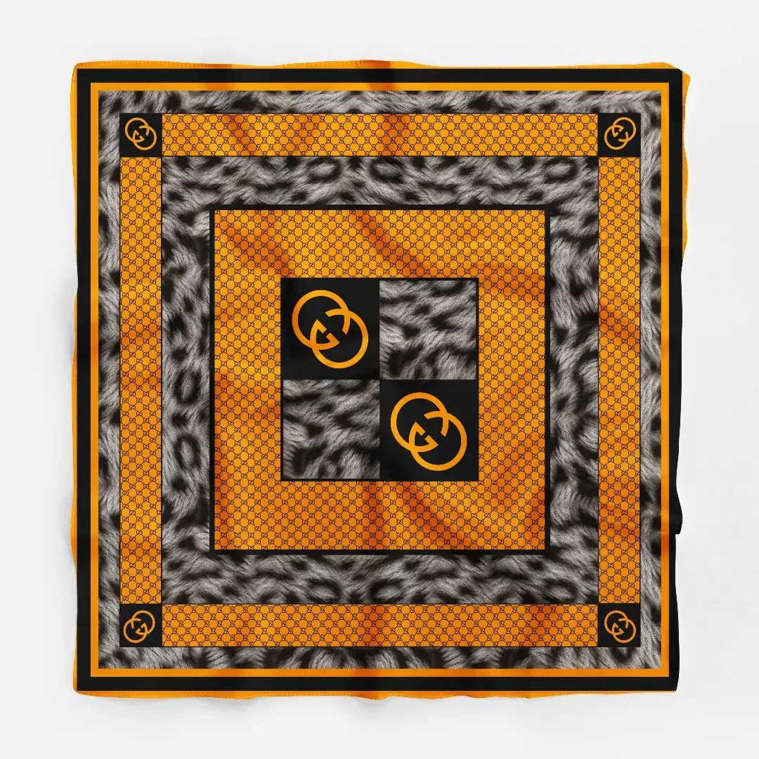 دانلود طرح روسری پاییزه آماده چاپ دیجیتال مشکی و نارنجی با حاشیه ی پلنگی و بک گروند گوچی و مارک گوچی 1