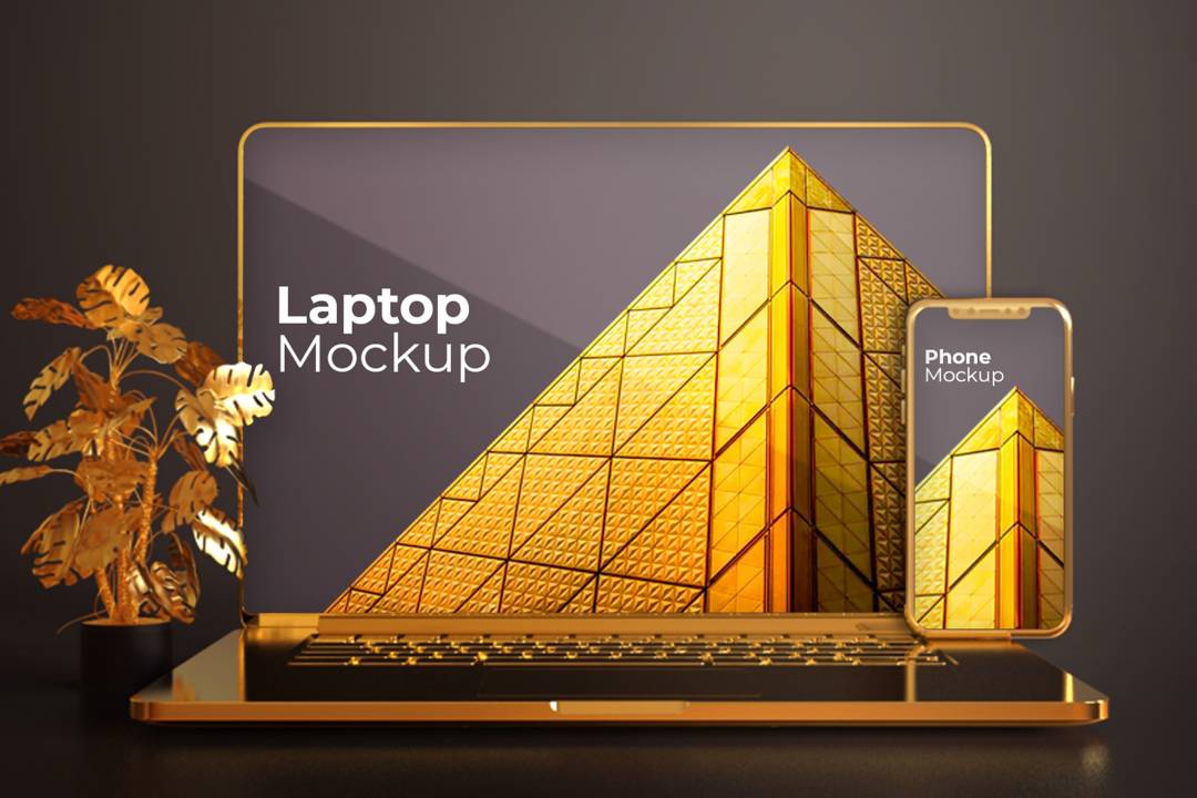 موکاپ لپ تاپ " Golden Laptop mockup premium