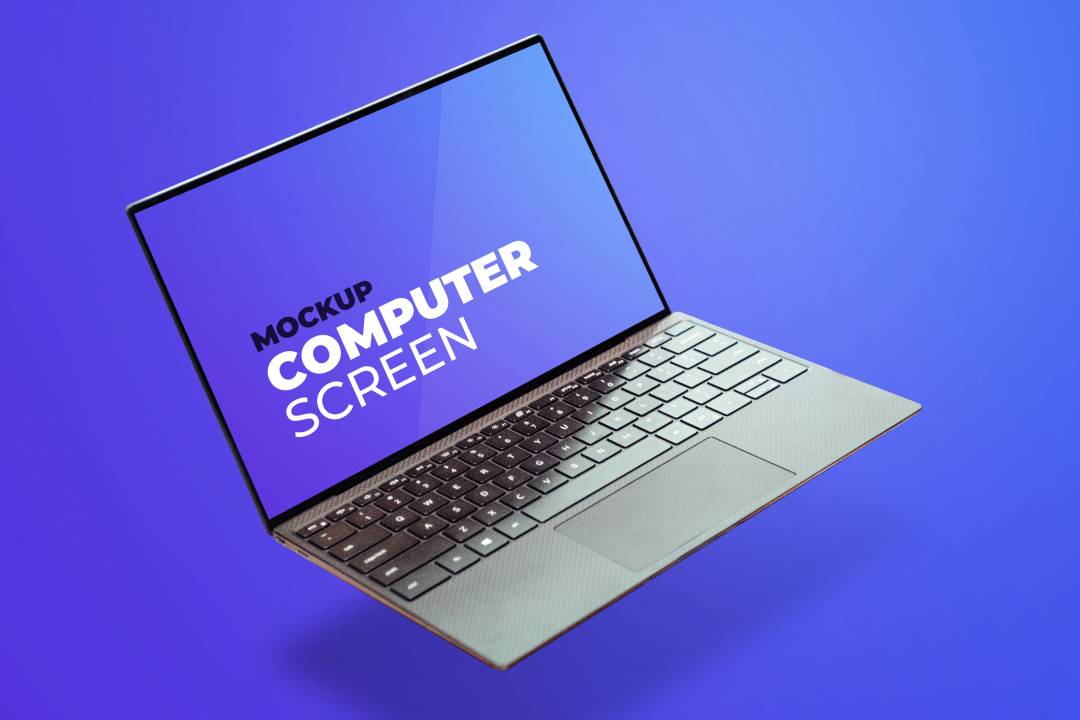 دانلود موکاپ لپ تاپ مناسب برای نمایش پروژه های طراحی وبسایت و نمایش صفحات وب و لوگو " Laptop model suspended