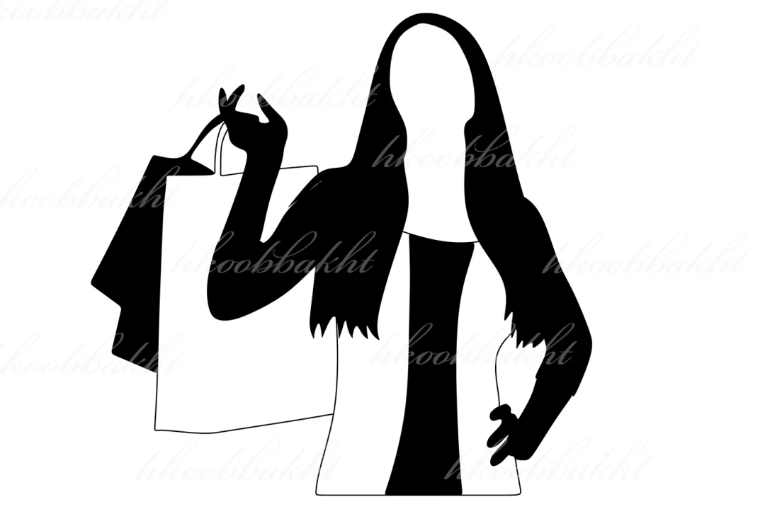 دانلود طرح وکتور زن مو بلند و دست به کمر به همراه پاکت های خرید جهت طراحی تراکت تبلیغاتی پوشاک بانوان