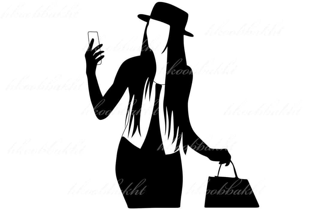 دانلود طرح وکتور زن زیبا و مو بلند به همراه پاکت خرید و در حال گرفتن سلفی جهت طراحی تراکت تبلیغاتی
