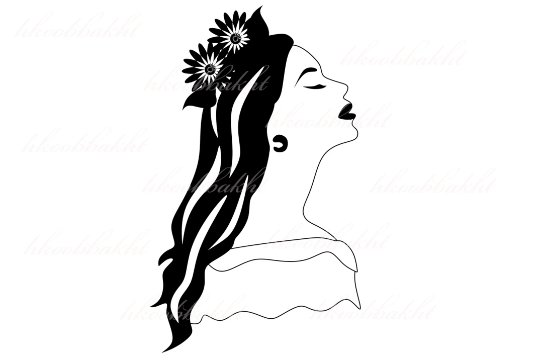 دانلود طرح وکتور زن با موهای بسته شده با گل سر زیبا و پیراهن چین دار جهت طراحی تراکت تیلیغاتی آرایشگاه زنانه