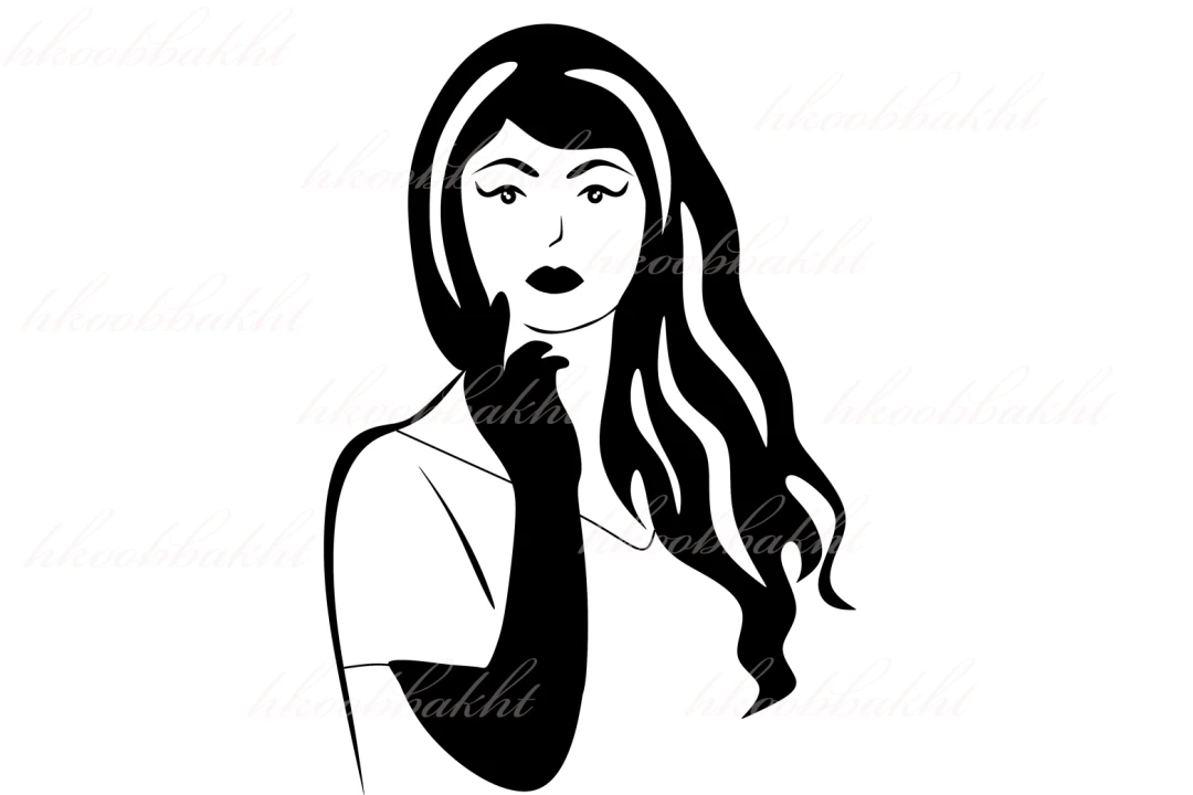 دانلود طرح وکتور زن مو بلند که دست خود را روی گونه ی خود قرار داده جهت طراحی تراکت سالن زیبایی زنانه