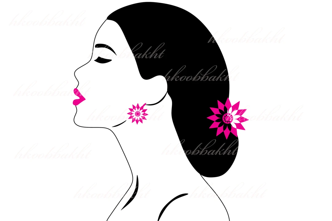 دانلود طرح وکتور زن با موهای بسته شده و گل سر و گوشواره و رژ صورتی جهت طراحی تراکت تبلیغاتی آرایشگاه زنانه