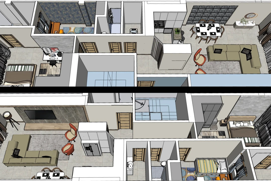 فایل اسکچاپ طراحی کامل منزل مسکونی دو خواب - تمام فضاها طراحی شده اند