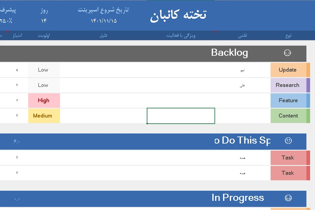 فایل اکسل مدیریت چابک پروژه ها بر مبنای کانبان agile - Kanban