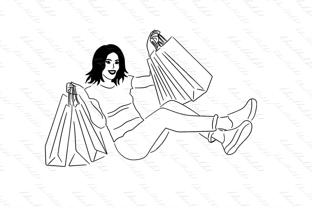 دانلود طرح وکتور خانم نشسته و مو کوتاه همراه با پاکت های خرید و در حال خندیدن جهت طراحی طراحان