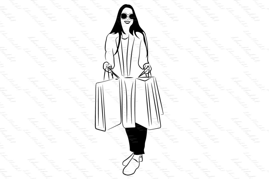 دانلود طرح وکتور دختر با کت و شلوار و کفش های اسپرت همراه با پاکت های خرید جهت طراحی تراکت تبلیغاتی پوشاک دخترانه