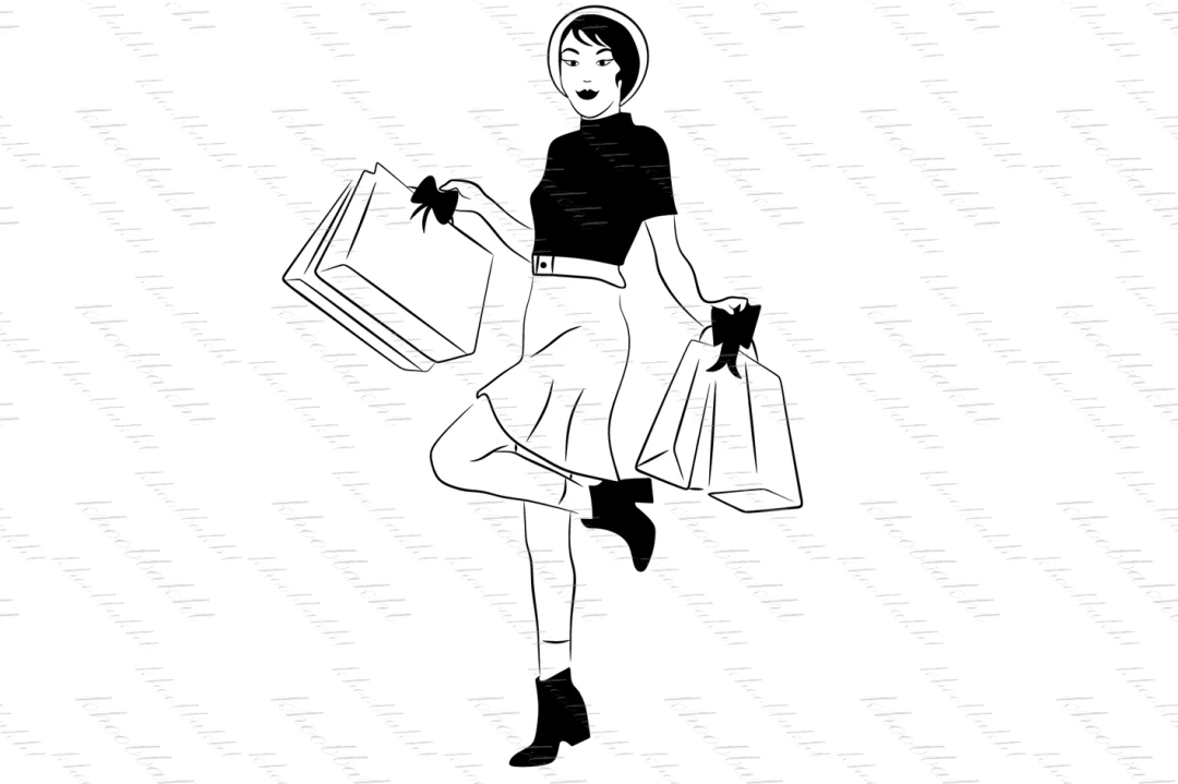 دانلود طرح وکتور زن با تیشرت و دامن کوتاه و کلاه و بوت همراه پاکت های خرید جهت طراحی طراحان