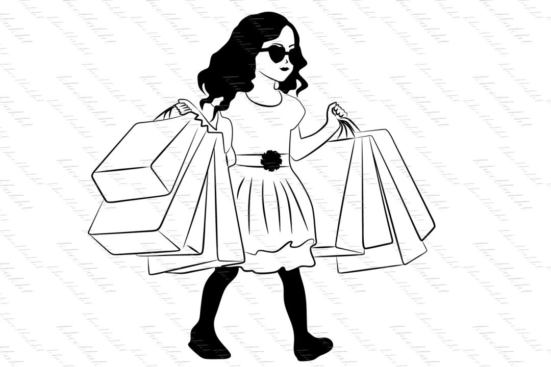دانلود طرح وکتور دختربچه با لباس عروسکی و دامن پف دار همراه با پاکت های خرید جهت طراحی تراکت تبلیغاتی پوشاک بچگانه