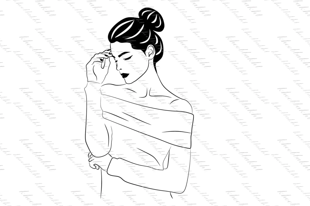 دانلود طرح وکتور زن با موهای بسته شده و دستی روی پیشانی جهت طراحی طراحان