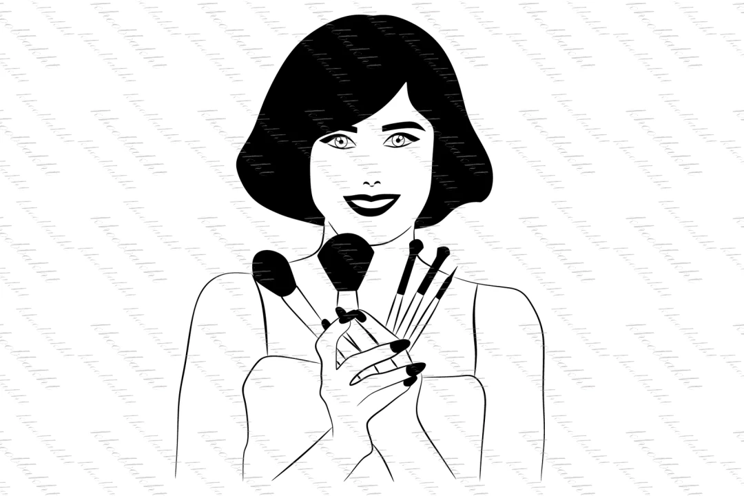 دانلود طرح وکتور دختر با موهای کوتاه و چند قلم لوازم آرایش در دستش و در حالی که لاک و رژلب زده جهت طراحی تراکت فروشگاه لوازم آرایش