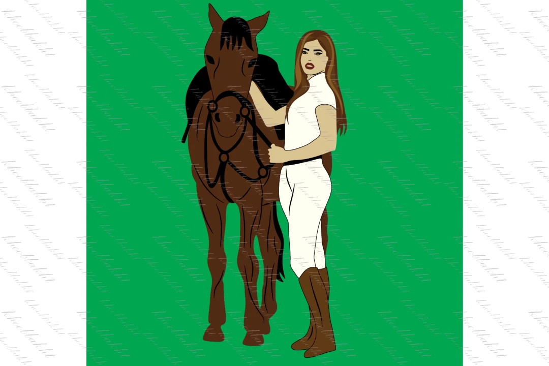 دانلود طرح وکتور دختر موبلند با لباس های سوارکاری سفید در کنار اسب قهوه ای جهت طراحی طراحان