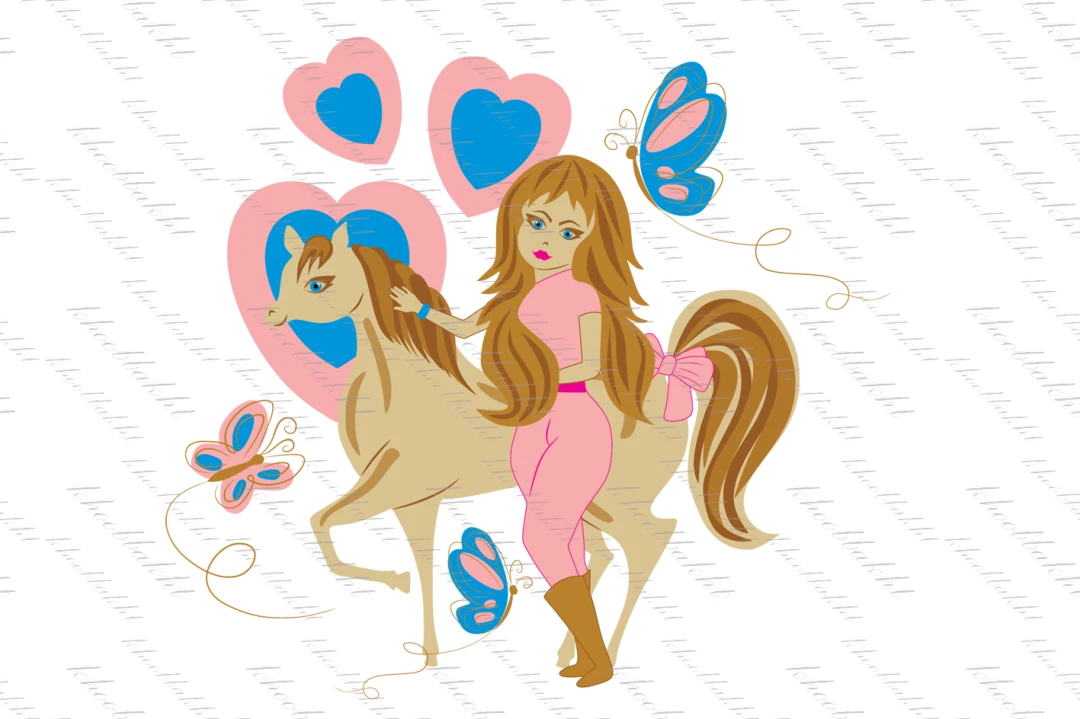 دانلود طرح وکتور دختر موبلند کارتونی با لباس صورتی و اسب کارتونی همراه پروانه ها و قلب های صورتی و آبی زیبا