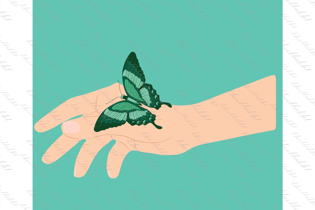 دانلود طرح وکتور دست زن و پروانه با باله هایی از طیف رنگ سبز جهت طراحی طراحان