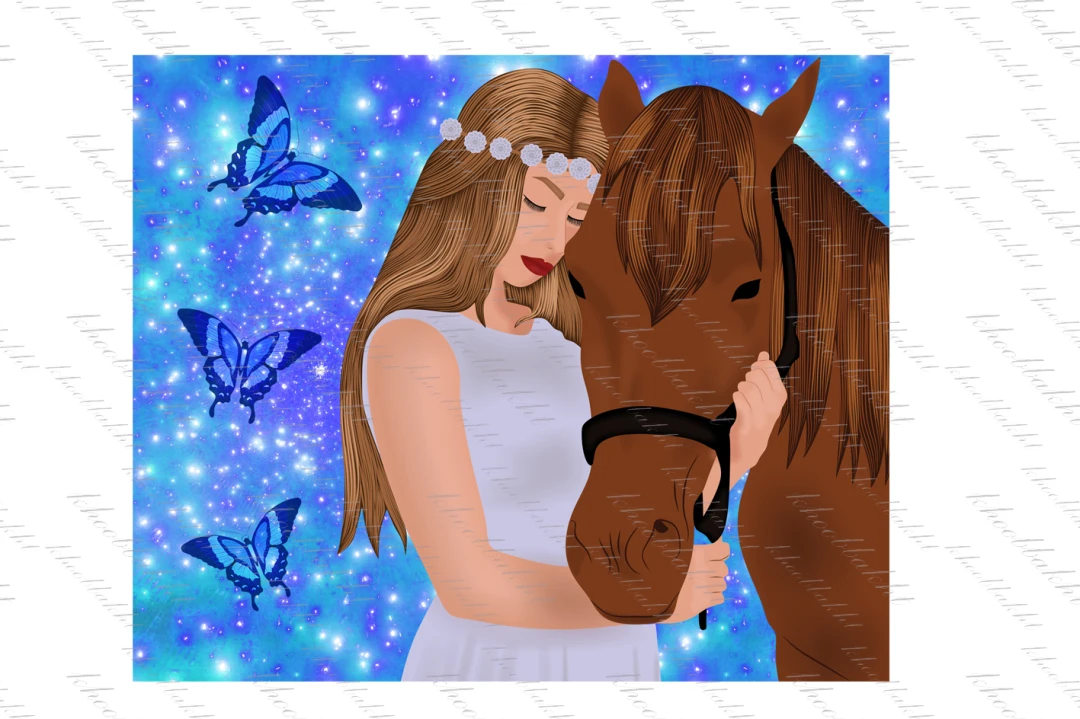 دانلود طرح دختر و اسب با پس زمینه ی نورانی آبی و پروانه های آبی جهت چاپ دیجیتال