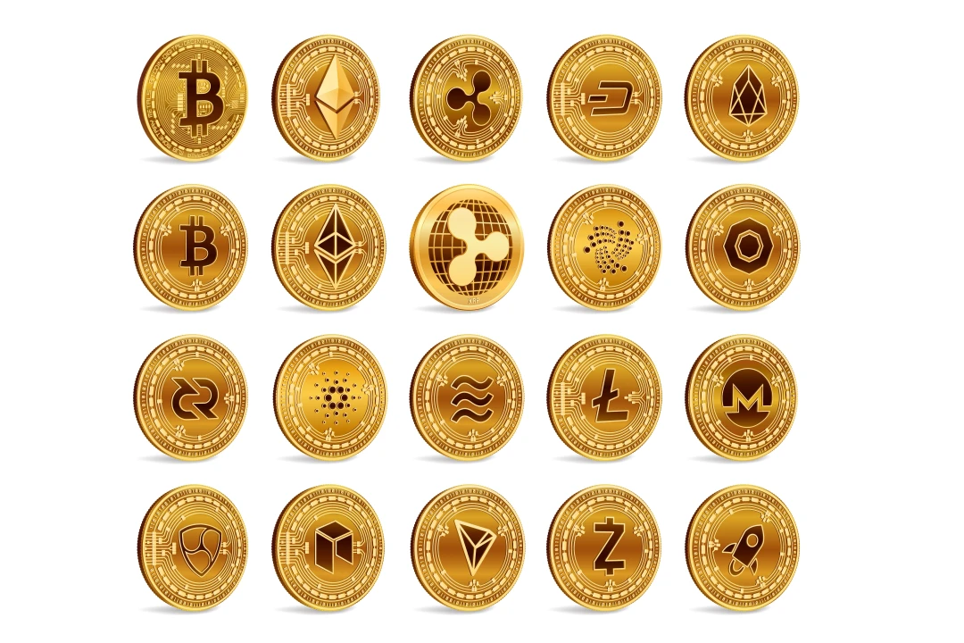 مجموعه سکه های طلایی سه بعدی ارز دیجیتال. بیت کوین، ریپل، اتریوم، لایت کوین، مونرو و غیره.