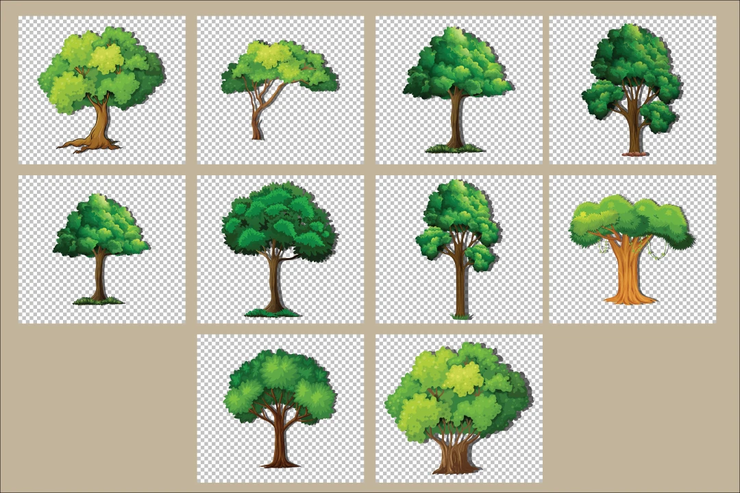 مجموعه 10 عددی طرح درختان لایه باز و قابل ویرایش بدون پس زمینه