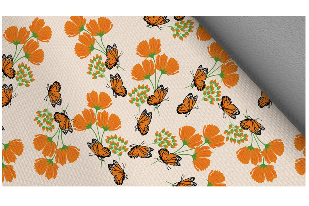 دانلود طرح لایه باز پارچه گلدار و پروانه ای با گلها و بوته های نارنجی و پس زمینه ی نارنجی کمرنگ چهت چاپ دیجیتال