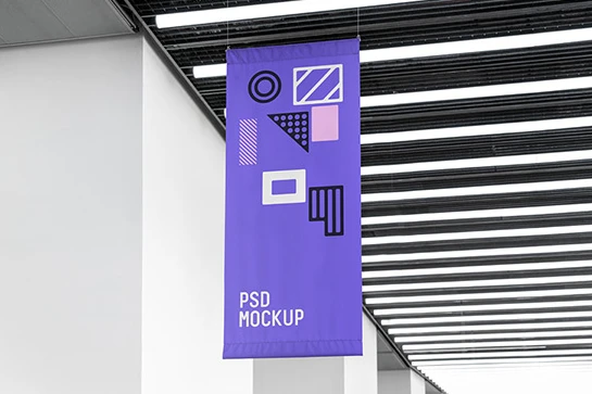 موکاپ بنر بزرگ آویزان در فروشگاه، طراحی حرفه ای کسب و کار PSD