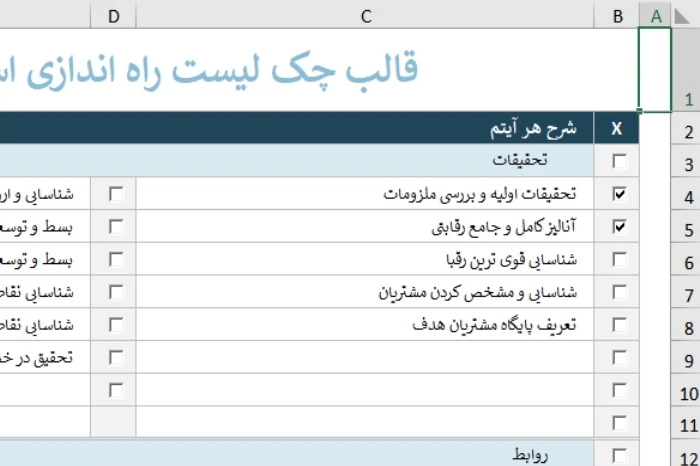 دانلود فایل اکسل قالب چک لیست راه اندازی استارت آپ