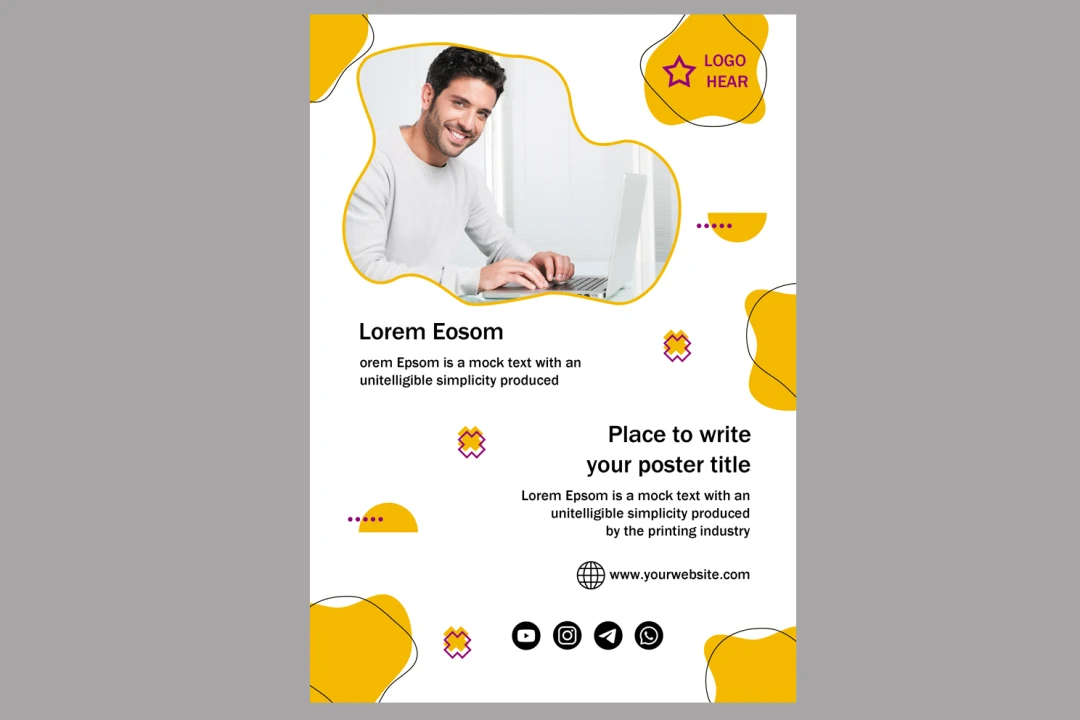 دانلود طرح لایه باز پوستر یا تراکت تبلیغاتی زرد و سفید و بنفش برای تبلیغات کسب و کار یا فروش محصولات