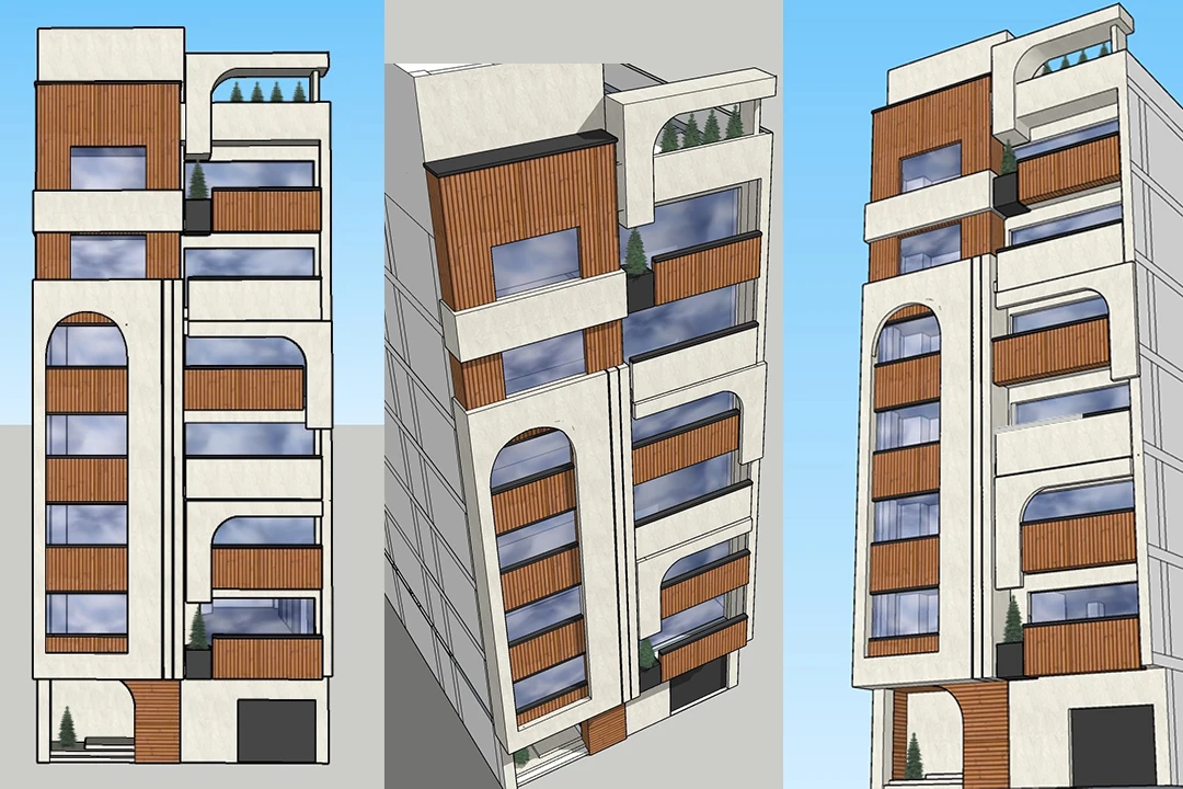 فایل اسکچاپ نمای مدرن مجتمع مسکونی 6 طبقه