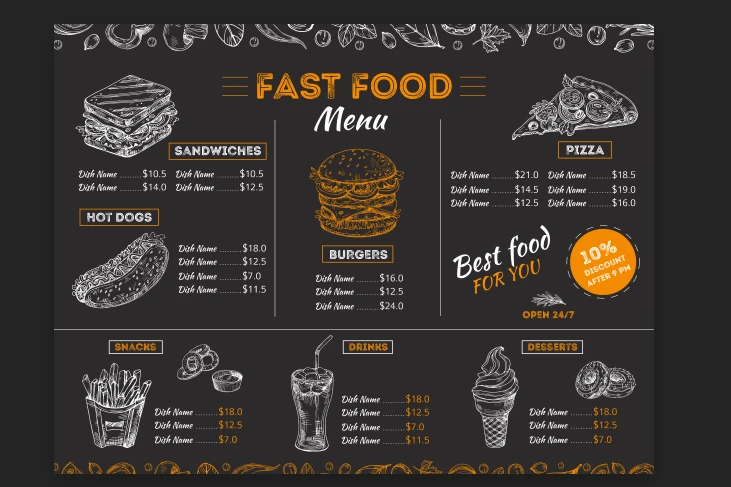 طرح لایه باز منوی فست فود