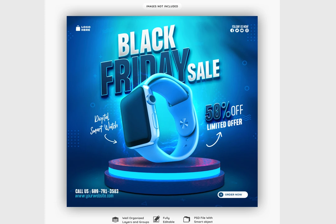 طرح لایه باز بنر یا پست فروش و تخفیف black friday لباس و ساعت و کفش  شماره 12