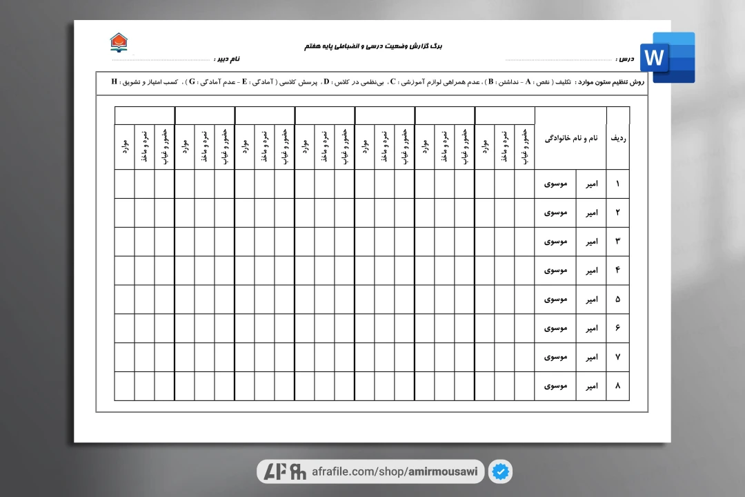 دانلود فایل ورد لیست کلاسی پایه ابتدایی و متوسطه و دبیرستان