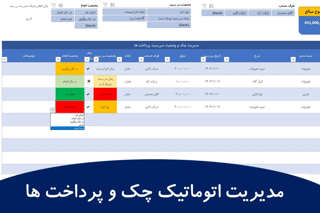 مديريت چک و وضعیت سررسید پرداخت ها