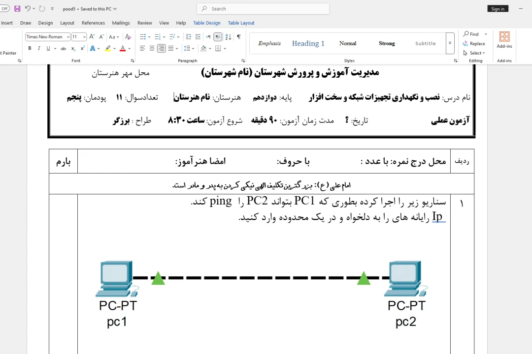 سوالات کاملا عملی پودمان 5 نصب و نگهداری تجهیزات شبکه و سخت افزار به صورت سناریو محور به همراه پاسخ تست گرفته شده در پکت تریسر