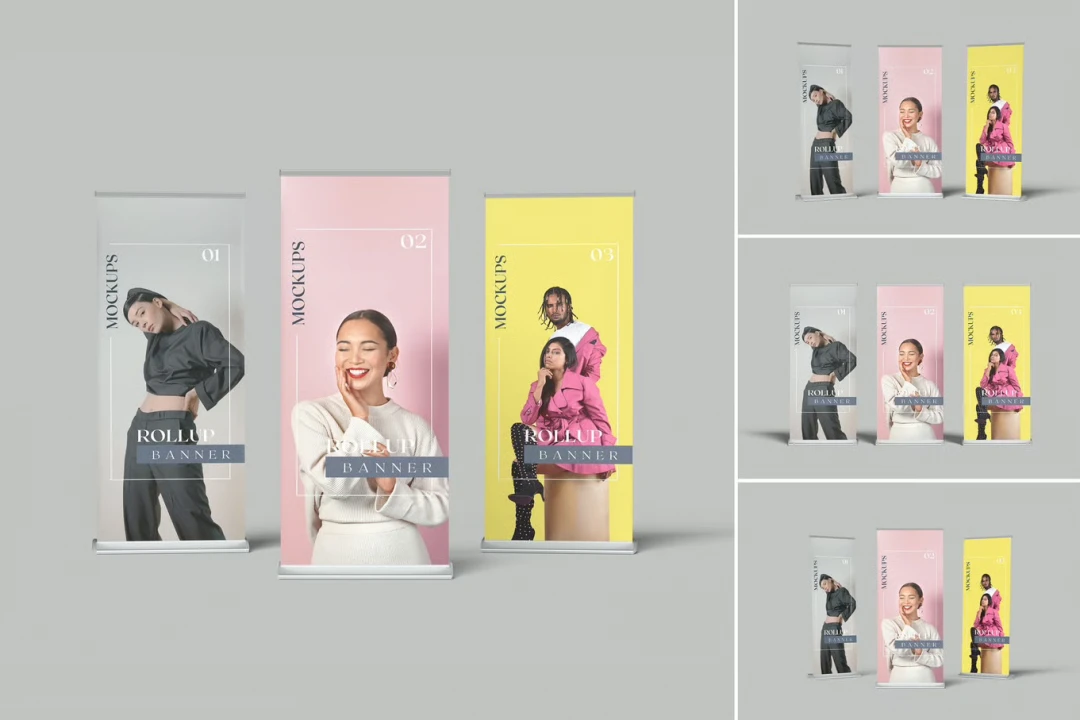 دانلود موکاپ لایه باز استند ایستاده سه تایی