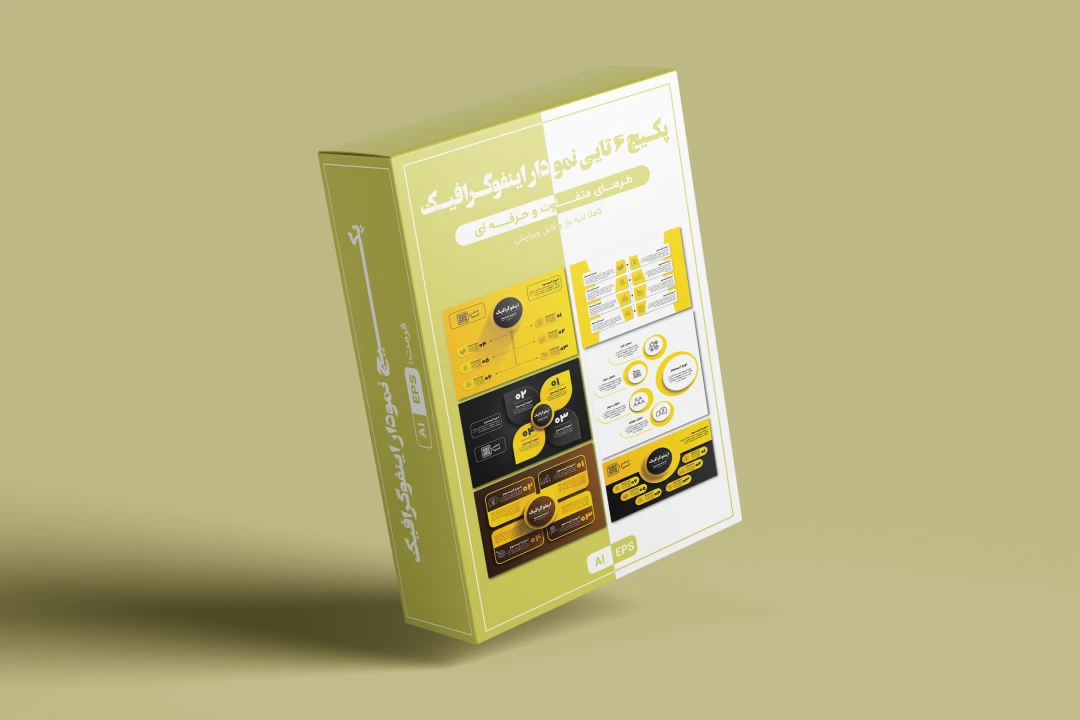 دانلود مجموعه ۶ تایی طرح لایه باز اینفوگرافیک زرد و مشکی | طراحی مدرن و حرفه‌ای