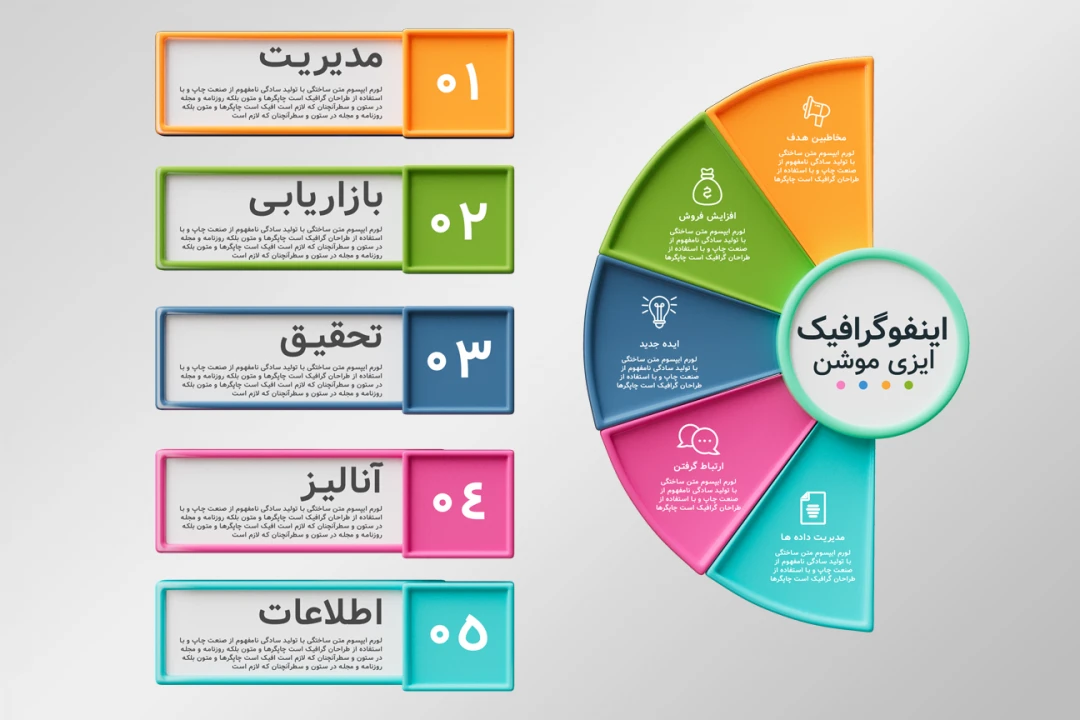 فایل فوتوشاپ اینفوگرافیک ۵ مرحله‌ای + نمودار دایره‌ای حرفه‌ای