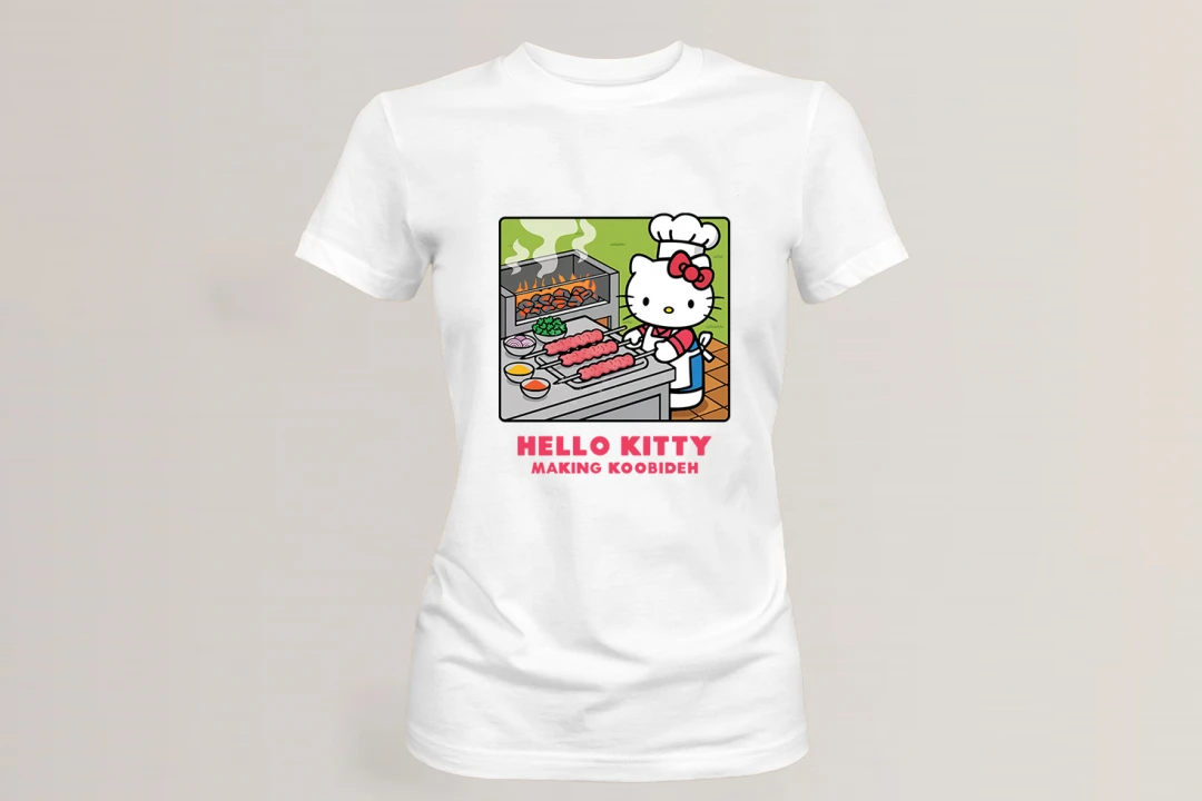 طرح دخترانه لایه باز هلو کیتی در حال درست کردن کوبیده برای چاپ تیشرت