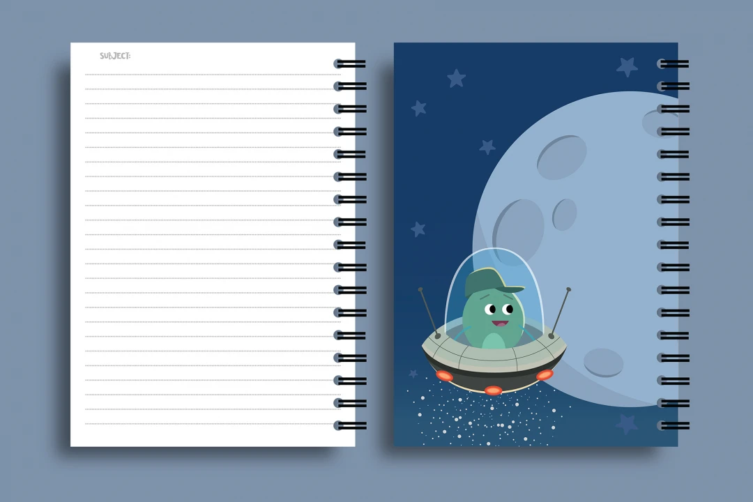 طرح جلد و برگه دفتر مشق و نقاشی با کاراکتر کودکانه فضا و رنگبندی زیبا جدید