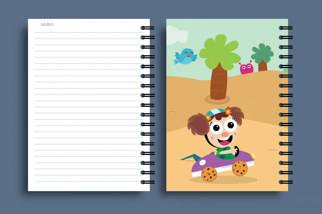 طرح جلد و برگه دفتر مشق و نقاشی با کاراکتر دختربچه و رنگبندی زیبا جدید