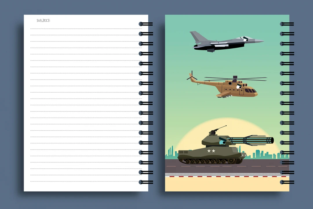 طرح جلد و برگه دفتر مشق و نقاشی جدید تم هواپیما تانک کودکانه و رنگبندی زیبا