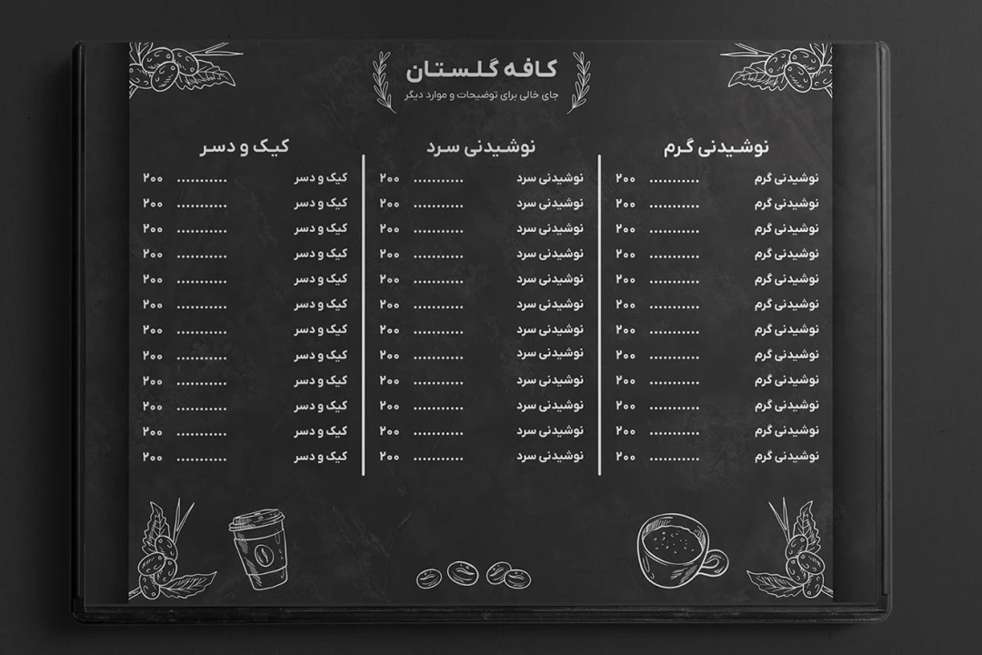 طرح منو کافه قهوه خانه شیک دسر کیک نوشیدنی لایه باز فتوشاپ psd