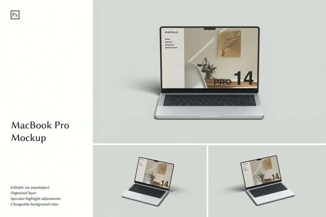 دانلود موکاپ لایه باز مک‌بوک پرو ۱۴ اینچ (MacBook Pro 14" Mockup)