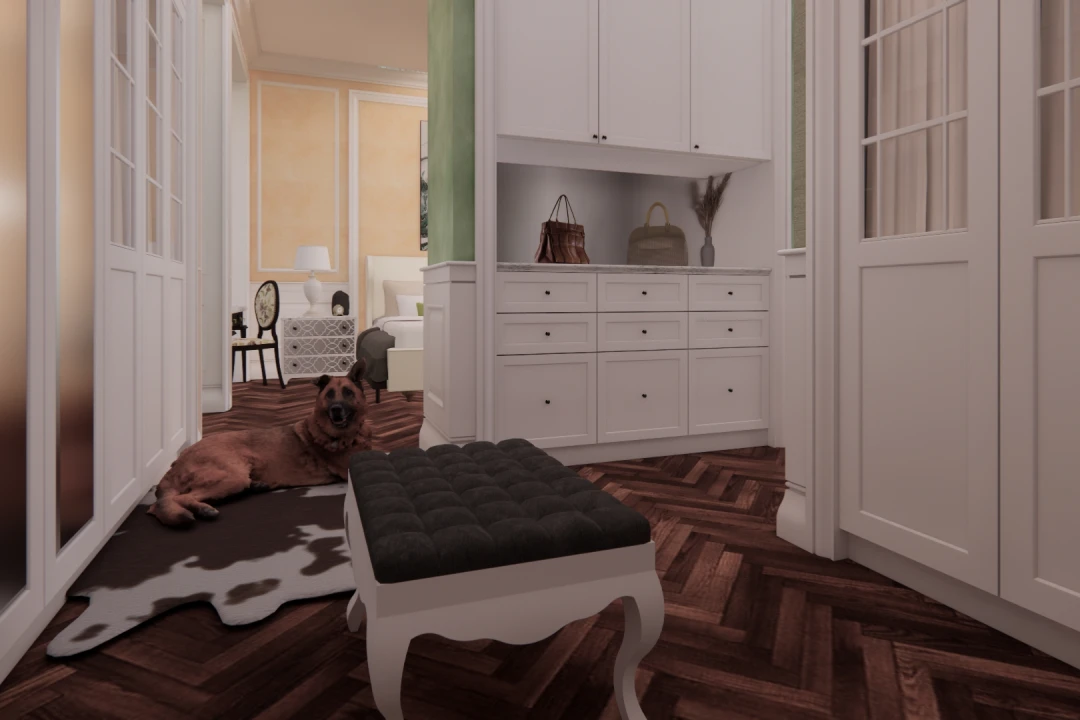 صحنه آماده اتاق خواب با کلوزت روم ونشیمن در اسکچاپ