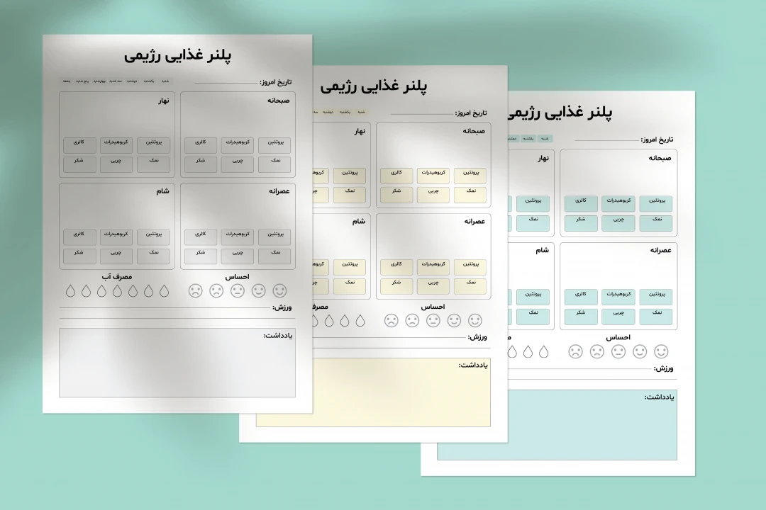 پلنر غذایی رژیمی لایه باز | قالب حرفه‌ای برنامه غذایی روزانه و ردیاب تغذیه AI PDF JPG