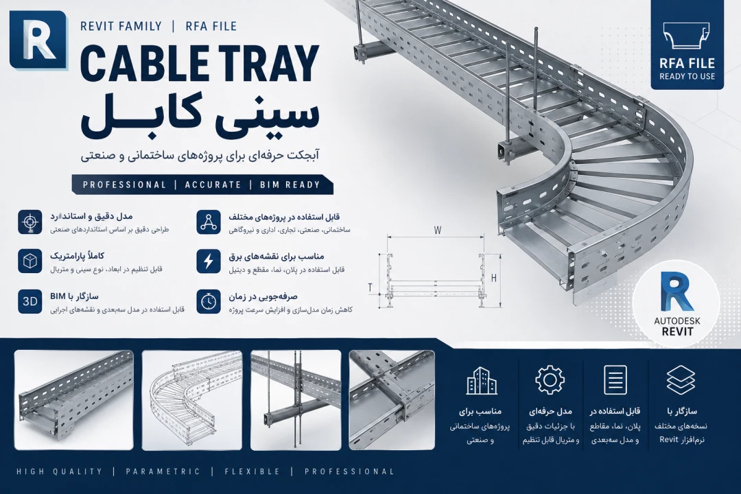 فایل رویت (Revit) سینی کابل (Cable Tray) قابل پیوست به نقشه های معماری پروژه های صنعتی و ساختمانی (با فرمت .rfa)