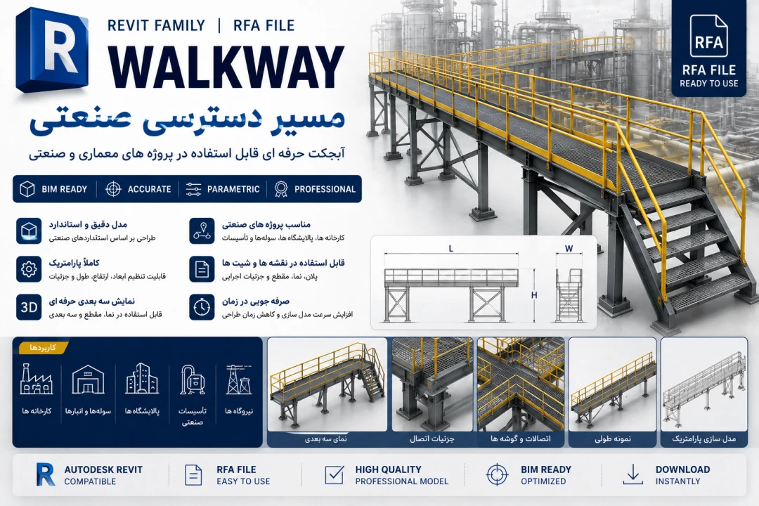 فایل رویت (Revit) مسیر دسترسی صنعتی (walkway ) قابل پیوست به نقشه های معماری پروژه های صنعتی و ساختمانی (با فرمت .rfa)