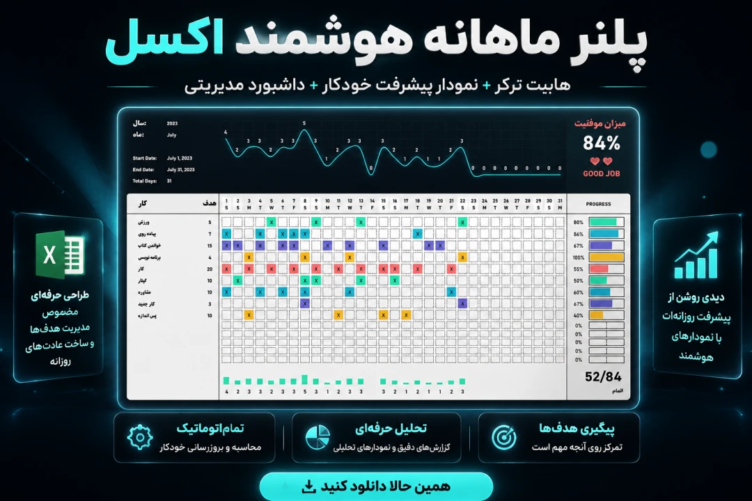 دانلود پلنر ماهانه اکسل + پیگیری برنامه | داشبورد جامع مدیریت زمان و پیگیری هدف با نمودار خودکار