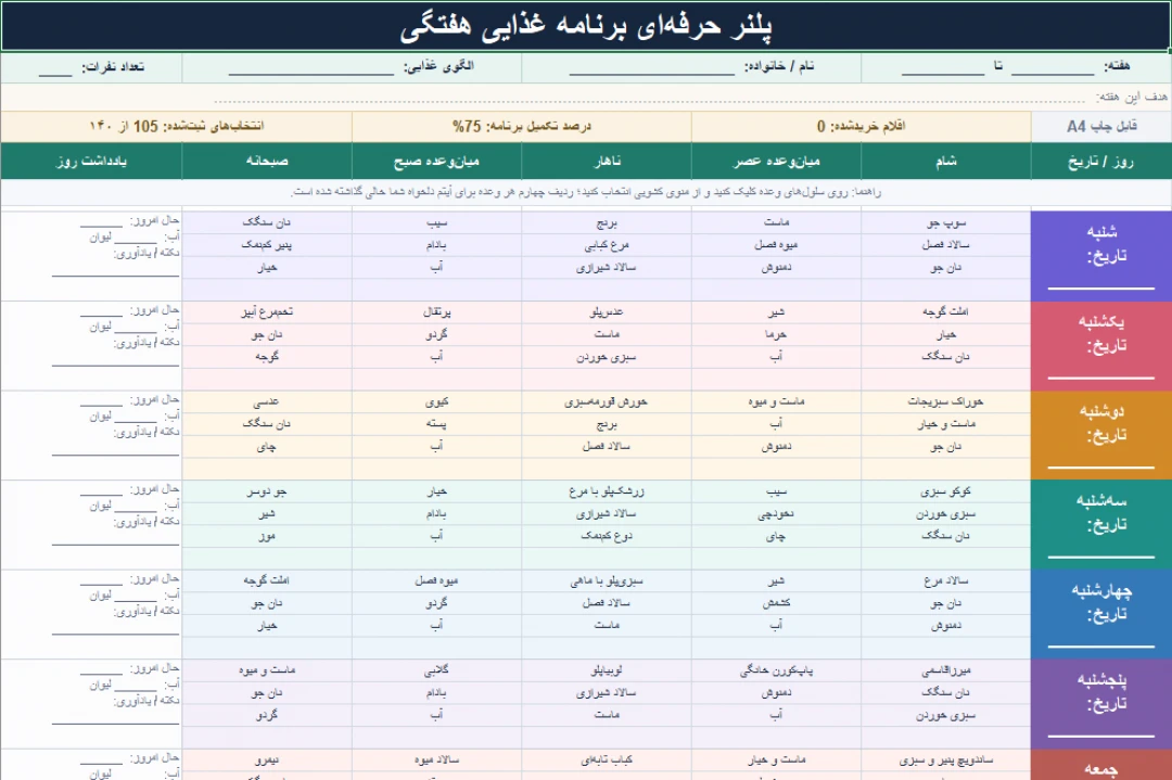 پلنر غذایی هفتگی اکسل