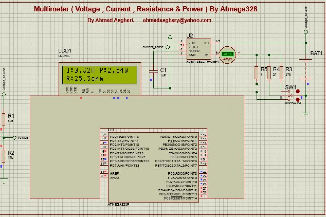 طراحی و ساخت یک مولتی متر ( ولتاژ ، جریان ، مقاومت و توان ) در نرم افزار پروتئوس ، به کمک میکروکنترلر ATmega328P و برنامه نویسی آردوینو با قابلیت سفارشی سازی