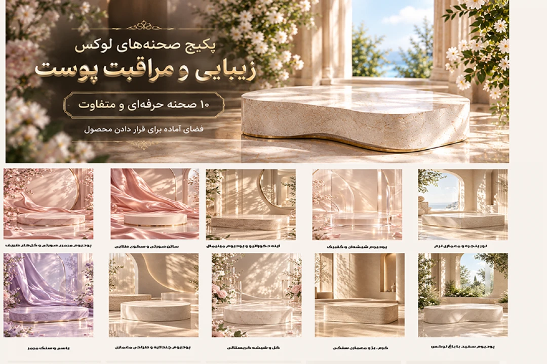 ماکت زیبایی لوکس پکیج | ۱۰ صحنه خالی و لوکس برای تبلیغات محصولات زیبایی و مراقبت از پوست